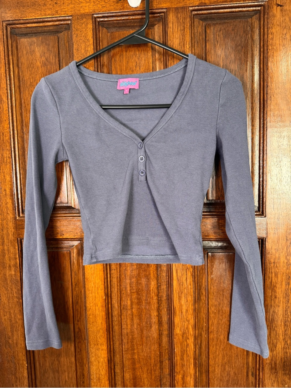Edikted Slate Gray Long-Sleeve V-Neck Henley Crop Top